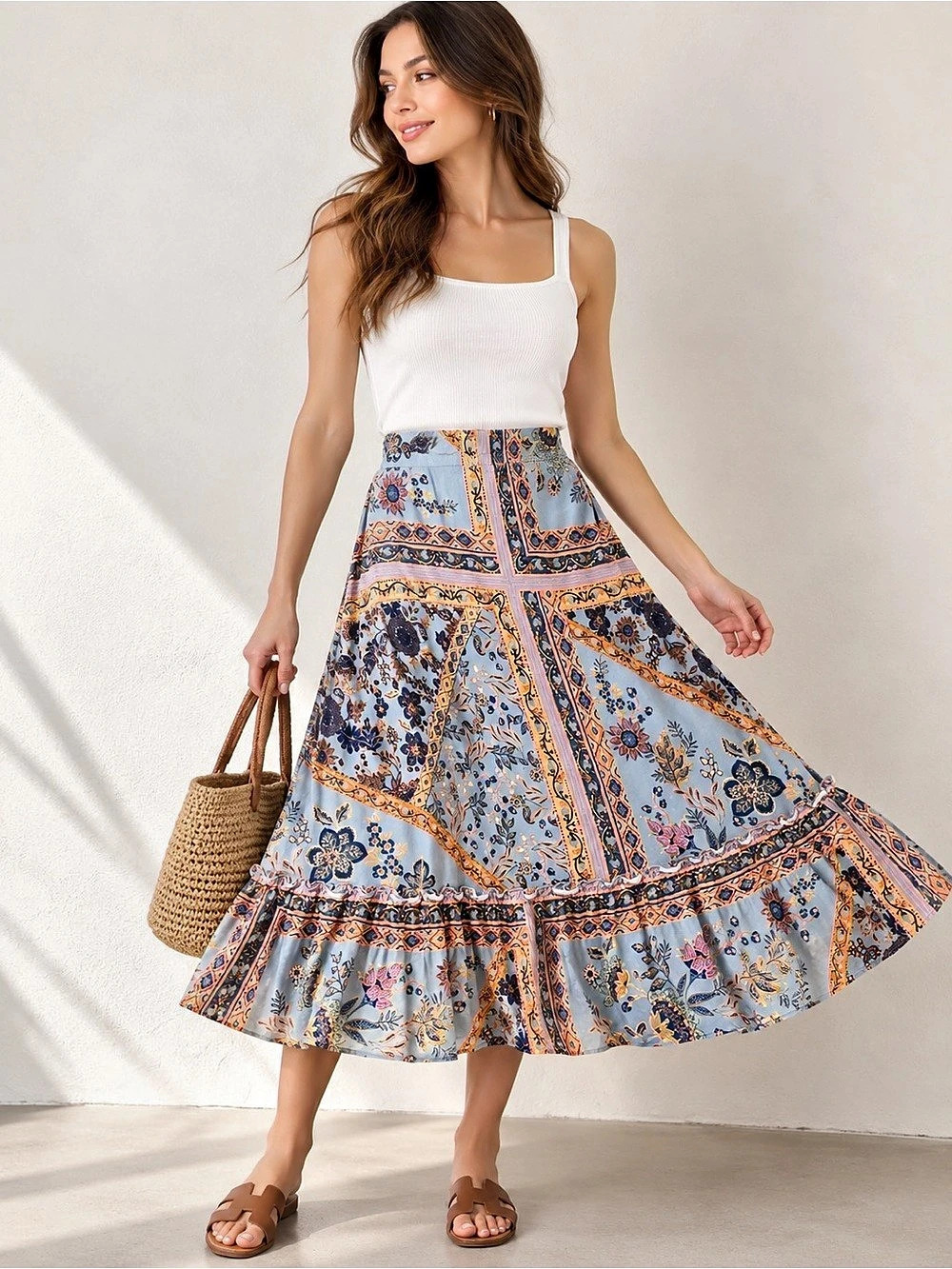 Easel Paisley Ruffle Midi Skirt in Blue & Orange Small